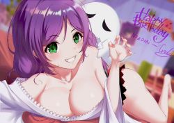 Rule 34 | 1girl, artist name, bare shoulders, breasts, character name, cleavage, downblouse, female focus, green eyes, grin, gxdy, happy birthday, large breasts, long hair, looking at viewer, love live!, love live! school idol project, lying, no bra, on stomach, purple hair, smile, solo, teeth, tojo nozomi