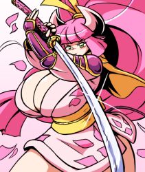 Rule 34 | 1girl, absurdly long hair, armor, blush, breasts, cleavage, cowboy shot, eyelashes, gauntlets, green eyes, high ponytail, holding, holding sword, holding weapon, horns, huge breasts, japanese clothes, katana, kimono, long hair, original, paul gq, pink background, pink hair, shiny clothes, shiny skin, shoulder armor, solo, solo focus, sparkle, standing, sword, thick thighs, thighs, very long hair, weapon