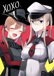 Rule 34 | 2girls, anchor hair ornament, blonde hair, blue eyes, breasts, capelet, cross, closed eyes, german flag, graf zeppelin (kancolle), hair between eyes, hair ornament, hat, kantai collection, kinsenka momi, large breasts, long hair, looking at viewer, military, military uniform, multiple girls, necktie, peaked cap, prinz eugen (kancolle), sidelocks, tsurime, twintails, uniform, upper body