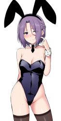 Rule 34 | 1girl, animal ears, bare shoulders, blush, breasts, cleavage, closed mouth, collarbone, detached collar, embarrassed, eyes visible through hair, fake animal ears, horosuke, jun (princess connect!), leotard, medium breasts, playboy bunny, princess connect!, purple hair, rabbit ears, short hair, simple background, solo, thighhighs, white background, wrist cuffs