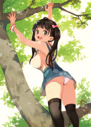 Rule 34 | 1girl, armpits, arms up, ass, bare shoulders, black eyes, black hair, black thighhighs, blush, bracelet, breasts, climbing tree, commentary request, day, hair ribbon, jewelry, large breasts, long hair, looking back, no bra, open mouth, original, outdoors, overalls, panties, pantyshot, ribbon, ryoji (nomura ryouji), sideboob, smile, solo, standing, sweat, thighhighs, tree, twintails, underwear, white panties