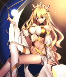 Rule 34 | 1girl, arm up, blonde hair, breasts, chietori, closed mouth, crossed legs, detached sleeves, earrings, ereshkigal (fate), fate/grand order, fate (series), hair between eyes, highres, hoop earrings, jewelry, large breasts, long hair, looking at viewer, navel, red eyes, single thighhigh, sitting, smile, solo, thighhighs, tohsaka rin, two side up, wavy hair, white thighhighs