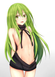 Rule 34 | 1boy, androgynous, backless dress, backless outfit, bare shoulders, black sweater, blush, convenient censoring, cowboy shot, drawstring, dress, enkidu (fate), fate/strange fake, fate (series), green hair, hair between eyes, halterneck, highres, long hair, looking at viewer, male focus, meme attire, naked sweater, navel, open mouth, ribbed sweater, smile, solo, sweater, sweater dress, trap, turtleneck, turtleneck sweater, virgin killer sweater, wardrobe error, yellow eyes, youque