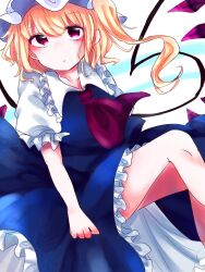 Rule 34 | 1girl, alternate color, ascot, bare legs, blonde hair, blue skirt, blue vest, closed mouth, collarbone, collared shirt, dot mouth, dot nose, feet out of frame, flandre scarlet, frilled shirt collar, frilled skirt, frilled sleeves, frills, hat, kuromame1025, looking at viewer, medium hair, mob cap, one side up, puffy short sleeves, puffy sleeves, purple ascot, red eyes, shirt, short sleeves, simple background, skirt, skirt set, solo, touhou, vest, white background, white shirt, wings