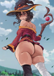 Rule 34 | 1girl, annoyed, arachnart, ass, ass focus, bandaged leg, bandages, bare shoulders, black hair, breasts, dress, fingerless gloves, from behind, from below, gloves, hat, highres, huge ass, kono subarashii sekai ni shukufuku wo!, looking at viewer, looking down, megumin, red eyes, shaded face, shiny skin, short hair, sideboob, solo, staff, thick thighs, thighs, thong, upskirt