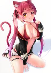 Rule 34 | 1girl, animal ear fluff, animal ears, between legs, bikini, black jacket, black ribbon, breasts, cat ears, cat tail, dangle earrings, earrings, hair ribbon, hand between legs, heart, heart necklace, heterochromia, high heels, hololive, houshou marine, houshou marine (summer), jacket, jewelry, large breasts, long hair, looking at viewer, lukas reule, navel, necklace, o-ring, o-ring thigh strap, official alternate costume, open clothes, open jacket, paw pose, red bikini, red eyes, red hair, ribbon, sandals, signature, sitting, smile, swimsuit, tail, thigh strap, thighs, tongue, tongue out, twintails, virtual youtuber, wariza, white background, yellow eyes