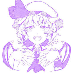 Rule 34 | 1girl, ascot, bat wings, brooch, hat, hi you (flying bear), jewelry, monochrome, open mouth, purple theme, remilia scarlet, ribbon, short hair, simple background, smile, solo, touhou, white background, wings