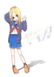 Rule 34 | 1girl, :o, absurdres, arm behind head, bangs pinned back, blonde hair, blue skirt, brown footwear, character name, copyright name, female focus, flip flappers, full body, hair ribbon, highres, jacket, long hair, long sleeves, map (pixiv), miniskirt, multicolored hair, open clothes, open jacket, open mouth, pigeon-toed, pink hair, pleated skirt, purple eyes, ribbon, school uniform, serafuku, shadow, shoes, short ponytail, simple background, skirt, sleeves past wrists, socks, solo, standing, two-tone hair, uniform, white background, yayaka