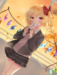 Rule 34 | 1girl, alternate costume, blonde hair, blurry, blurry background, blush, brown sweater, covering own mouth, dutch angle, envelope, feet out of frame, flandre scarlet, grey jacket, hair ribbon, head tilt, highres, holding, holding envelope, jacket, letter, long sleeves, looking at viewer, love letter, microskirt, neck ribbon, no headwear, one side up, open clothes, open jacket, plaid, plaid skirt, red eyes, red ribbon, ribbon, school uniform, shirt, short hair, skirt, solo, standing, sunset, sweater, touhou, tree, white shirt, wind, wind lift, window, wings, yurara (aroma42enola)