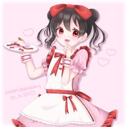 Rule 34 | 1girl, alternate hairstyle, apron, artist name, artist request, black hair, blush, bow, bowtie, breasts, cake, double bun, dress, female focus, floating hair, food, frilled apron, frilled dress, frilled shirt collar, frills, hair between eyes, hair bow, hair bun, heart, highres, holding, holding plate, long hair, looking at viewer, love live!, love live! school idol project, maid, maid apron, maid headdress, miniskirt, parted lips, pink background, pink dress, pink skirt, pink wrist cuffs, plaid, plaid dress, plaid skirt, plate, pleated, pleated dress, pleated skirt, puffy short sleeves, puffy sleeves, red bow, red eyes, short sleeves, skirt, smile, solo, strawberry shortcake, twintails, white apron, wrist cuffs, yazawa nico