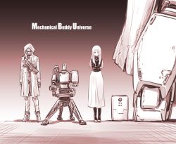 Rule 34 | 1girl, 3others, clothed robot, commentary, gradient background, highres, hood, hooded coat, humanoid robot, ishiyumi, mechanical buddy universe, monochrome, multiple girls, multiple others, robot, science fiction, sepia, title page