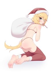 Rule 34 | 1girl, alternate costume, bare back, barefoot, bikini, blonde hair, candy, christmas, feet, food, gift, green eyes, hat, highres, looking at viewer, looking back, maidforge, one eye closed, original, santa bikini, santa costume, santa hat, simple background, soles, solo, swimsuit, toes, white background