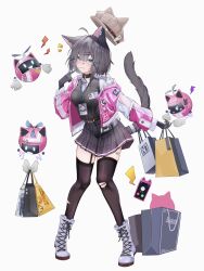 Rule 34 | 1girl, :q, absurdres, animal ears, bag, bandaid, bandaid on face, bandaid on nose, bandaid on thigh, belt, black gloves, black hair, black skirt, black thighhighs, black vest, blue eyes, boots, breasts, cat ears, cat girl, cat tail, cellphone, garter straps, gloves, hat, hat with ears, highres, id card, jacket, long sleeves, looking at viewer, medium breasts, miniskirt, multicolored clothes, multicolored jacket, non-humanoid robot, open clothes, open jacket, original, paper bag, phone, pink jacket, plaid, plaid skirt, pleated skirt, reine (reineko6), robot, see-through, see-through sleeves, shirt, shopping bag, short hair, skirt, smartphone, tail, thighhighs, tongue, tongue out, torn clothes, torn thighhighs, two-tone jacket, vest, white jacket, white shirt