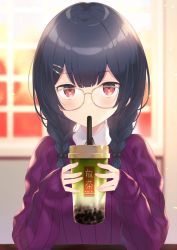 Rule 34 | 1girl, black hair, blurry, blurry background, braid, bubble tea, commentary request, cup, depth of field, disposable cup, drinking, glasses, hair ornament, hairclip, heart, heart in eye, highres, holding, holding cup, idolmaster, idolmaster shiny colors, kokusan moyashi, long hair, long sleeves, looking at viewer, morino rinze, purple sweater, red eyes, sleeves past wrists, solo, sweater, symbol in eye, twin braids, upper body, yellow-framed eyewear
