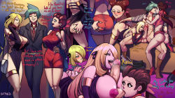 Rule 34 | 1boy, 2girls, ass, ass grab, bathsalts, blonde hair, breasts, closed eyes, couch, creatures (company), cynthia (pokemon), english text, fellatio, game freak, grabbing, green hair, highres, huge breasts, huge penis, kiss, licking, licking penis, long hair, multiple girls, nintendo, nipples, open mouth, oral, paizuri, penis, pokemon, pokemon bw, pokemon oras, pokemon rse, roxanne (pokemon), short hair, sitting, smile, steven stone, testicle sucking, twintails, uncensored, veins, veiny penis