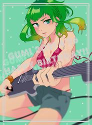 Rule 34 | 1girl, bra, braid, character name, commentary, cowboy shot, dated, earrings, electric guitar, foreshortening, green background, green eyes, green hair, guitar, gumi, happy birthday, highres, holding, holding instrument, instrument, jewelry, looking at viewer, minmidesign, music, panty straps, parted lips, playing instrument, plectrum, red bra, short shorts, shorts, sidelocks, solo, underwear, vocaloid, wristband