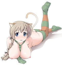 Rule 34 | 1girl, animal ears, between breasts, blue eyes, braid, breast rest, breasts, brown hair, cat ears, cat girl, cat tail, female focus, hair over shoulder, highres, lambda (kusowarota), large breasts, long hair, lying, lynette bishop, multicolored clothes, multicolored legwear, naked necktie, necktie, necktie between breasts, nipples, nude, single braid, solo, strike witches, striped clothes, striped thighhighs, tail, thighhighs, world witches series