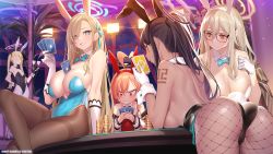 Rule 34 | 5girls, ahoge, akane (blue archive), akane (bunny) (blue archive), animal ears, arm tattoo, ass, asuna (blue archive), asuna (bunny) (blue archive), between breasts, black hair, black leotard, blonde hair, blue archive, blue eyes, blue leotard, blush, bow, bowtie, breasts, brown eyes, brown legwear, bunny girl guard (sr) (blue archive), card, cleavage, closed mouth, dark-skinned female, dark skin, detached collar, fake animal ears, fake tail, female focus, fishnet pantyhose, fishnets, glasses, gloves, halo, hand on own hip, highres, holding, huge ahoge, jacket, karin (blue archive), karin (bunny) (blue archive), large breasts, leotard, logo, long hair, medium breasts, mole, mole on breast, mole under each eye, mole under eye, multiple girls, multiple moles, neru (blue archive), neru (bunny) (blue archive), number tattoo, off shoulder, official art, open mouth, orange hair, pantyhose, playboy bunny, playing card, popqn, rabbit ears, rabbit tail, red eyes, red leotard, shoulder tattoo, smile, sunglasses, sweat, tail, tattoo, thighband pantyhose, third-party source, traditional bowtie, white gloves, white leotard, wrist cuffs, yellow eyes