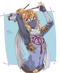 Rule 34 | 1boy, blonde hair, blue eyes, bodysuit, covered navel, covering face, earrings, gloves, hair ornament, jewelry, link, long hair, looking at viewer, male focus, mask, nintendo, pointy ears, ponytail, shuri (84k), skin tight, solo, the legend of zelda, the legend of zelda: breath of the wild, trap