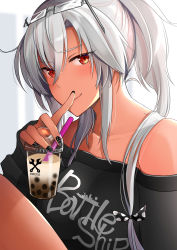 Rule 34 | 1girl, bare shoulders, black bow, black nails, blush, bow, breasts, bubble tea, cup, dark-skinned female, dark skin, disposable cup, drinking straw, eyewear on head, glasses, hair between eyes, hair bow, highres, holding, holding cup, kantai collection, large breasts, long hair, looking at viewer, musashi (kancolle), musashi kai ni (kancolle), nail polish, off-shoulder shirt, off shoulder, red eyes, shirt, simple background, sitting, smile, solo, twintails, yunamaro