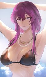 Rule 34 | 1girl, absurdres, armpits, arms behind head, arms up, bead necklace, beads, bikini, blush, breasts, earrings, highres, honkai: star rail, honkai (series), jewelry, kafka (honkai: star rail), large breasts, long hair, looking at viewer, necklace, purple eyes, purple hair, smile, solo, swimsuit, tommy (kingdukeee), wet