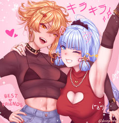 Rule 34 | 2girls, absurdres, arm around shoulder, arm up, armpits, ayaka (genshin impact), bikini, bikini under clothes, blonde hair, blue eyes, blue hair, breasts, choker, cleavage cutout, clothing cutout, earrings, elbow gloves, fang, genshin impact, gloves, heart, highres, jesse jordan, jewelry, mole, mole under eye, multiple girls, necklace, one eye closed, open mouth, orange eyes, photo (object), pink background, ring, see-through, see-through shirt, sexually suggestive, shiny skin, smile, sparkle, sparkle background, stomach, swimsuit, watch, yoimiya (genshin impact)