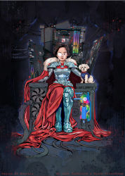 Rule 34 | 1girl, absurdres, amd, armor, artist name, black hair, bruno kirschbaum, cable, cape, collaboration, commentary, computer fan, english commentary, forehead, full armor, fur-trimmed cape, fur trim, glasses, highres, intel, iron throne, lisa su, lyra samhalove, motherboard, opaque glasses, radeon, real life, real life insert, red cape, red eyes, rgb lights, rimless eyewear, short hair, sitting, solo focus, throne, tube, water cooler