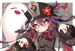 Rule 34 | 1girl, black headwear, black nails, boo tao (genshin impact), bracelet, bright pupils, brown hair, brown jacket, bug, butterfly, deformed, fang, flower, flower-shaped pupils, genshin impact, ghost pose, gold trim, gradient hair, hair between eyes, hat, hat flower, highres, hu tao (genshin impact), insect, jacket, jewelry, lens flare, light blush, light particles, long hair, long sleeves, multicolored hair, multiple rings, porkpie hat, red butterfly, red eyes, red shirt, ring, shichi (ponpeex), shirt, sidelocks, simple background, sleeve cuffs, smile, sparks, symbol-shaped pupils, tassel, teeth, v-shaped eyebrows, very long hair, white pupils, wide sleeves