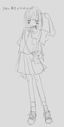 Rule 34 | 1girl, arm at side, bag, blush stickers, closed mouth, collared shirt, dress shirt, empty eyes, finger to head, full body, grey background, greyscale, hand up, jitome, looking at viewer, miniskirt, monochrome, noroi (rnatataki), original, pleated skirt, puffy short sleeves, puffy sleeves, school uniform, shirt, shoes, short sleeves, simple background, sketch, skirt, smile, solo, standing, translation request