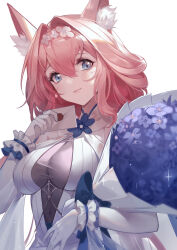 Rule 34 | 1girl, animal ear fluff, animal ears, arknights, blue eyes, blue flower, bouquet, breasts, cleavage, closed mouth, commentary request, covered navel, dress, elbow gloves, envelope, flower, gloves, hair flower, hair intakes, hair ornament, hand up, heidi (arknights), highres, holding, holding envelope, long hair, looking at viewer, medium breasts, pink hair, simple background, smile, solo, upper body, very long hair, white background, white dress, white flower, white gloves, woodylixx