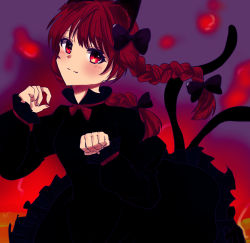 Rule 34 | 1girl, animal ears, black bow, black dress, blush, bow, bowtie, braid, breasts, cat ears, cat tail, closed mouth, cowboy shot, dress, extra ears, fang, fang out, fire, frills, hair bow, hair ribbon, hands up, highres, kaenbyou rin, light smile, long hair, looking at viewer, medium breasts, multiple tails, nekomata, paw pose, purple background, red bow, red bowtie, red eyes, red hair, remze, ribbon, simple background, solo, tail, touhou, tress ribbon, twin braids, twintails, two tails