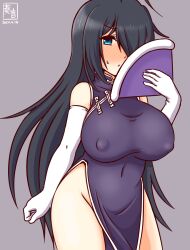 Rule 34 | 1girl, ahoge, alternate costume, artist logo, black dress, black hair, blue eyes, breasts, china dress, chinese clothes, commentary request, covered erect nipples, covered navel, dress, elbow gloves, folding fan, fur trim, gloves, grey background, hair down, hair over one eye, hand fan, kako (kancolle), kanon (kurogane knights), kantai collection, large breasts, long hair, official alternate hairstyle, one-hour drawing challenge, side slit, simple background, solo, standing, white gloves