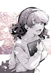 Rule 34 | 1girl, blush, book, commentary request, fang, fukumaru koito, greyscale, hair down, hairband, highres, holding, holding book, hugging book, hugging object, idolmaster, idolmaster shiny colors, long hair, long sleeves, looking at viewer, monochrome, o yasa inu, open mouth, petals, plaid hairband, skin fang, solo, sweater vest, swept bangs, upper body