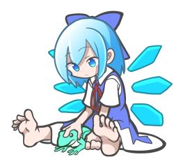 Rule 34 | 1girl, barefoot, blue bow, blue eyes, blue hair, bow, cirno, closed mouth, collared shirt, detached wings, frog, full body, hair bow, ice, ice wings, looking at viewer, parody, puyopuyo, shinmon akika, shirt, short hair, sitting, solo, style parody, touhou, white shirt, wings