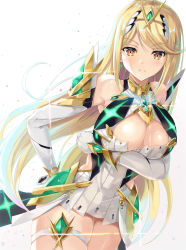 Rule 34 | 1girl, armor, bare shoulders, blonde hair, breasts, chest jewel, cleavage, cleavage cutout, clothing cutout, cowboy shot, dress, earrings, elbow gloves, gem, glint, gloves, glowing, gold trim, gradient background, grey background, hair ornament, headpiece, highres, inoue takuya (tactactak), jewelry, large breasts, long hair, looking at viewer, mythra (xenoblade), neon trim, nintendo, skindentation, smile, solo, standing, swept bangs, teeth, tiara, very long hair, white background, white dress, xenoblade chronicles (series), xenoblade chronicles 2, yellow eyes