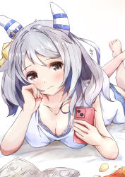 Rule 34 | 1girl, :3, absurdres, animal ears, barefoot, book, bra, breasts, brown eyes, cellphone, chips (food), cleavage, collarbone, ear covers, food, grey hair, highres, hishi miracle (umamusume), holding, holding phone, horse ears, horse girl, looking at viewer, medium breasts, medium hair, open book, phone, potato chips, shirt, simple background, smartphone, solo, sugi (user nash8444), swept bangs, translated, umamusume, underwear, white background, white shirt