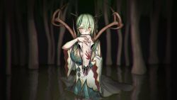 Rule 34 | 1girl, absurdres, animal skull, antlers, braid, branch, ceres fauna, green hair, hair ornament, handprint, highres, holding, hololive, hololive english, horns, long hair, looking at viewer, nature, outdoors, partially submerged, skull, solo, tree, virtual youtuber, wetland, yellow eyes, zenya