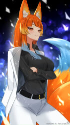 Rule 34 | 1girl, animal ear fluff, animal ears, belt, black belt, black shirt, blue hair, blue tail, breasts, closed mouth, collared shirt, commission, crossed arms, fox ears, fox tail, gradient hair, highres, jacket, jacket on shoulders, k (art71), long hair, multicolored hair, orange eyes, orange hair, orange tail, original, pants, shirt, skeb commission, snowing, solo, tail, thank you, twitter username, two-tone tail, white jacket, white pants