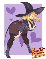 Rule 34 | 1girl, agawa ryou, ankle boots, artist name, ass, bad id, bad tumblr id, bent over, blonde hair, boots, breasts, cleavage, curvy, formal, full body, green eyes, hat, heart, high heel boots, high heels, huge ass, huge breasts, large breasts, leaning forward, long hair, looking at viewer, necktie, original, pantyhose, shoes, smile, solo, standing, suit, thick thighs, thighhighs, thighs, watermark, web address, wide hips, witch, witch hat, wizard hat