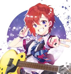 Rule 34 | 1girl, black choker, blue background, blue eyes, blue necktie, blurry, blush, breasts, choker, collarbone, depth of field, dot nose, earrings, electric guitar, facial mark, glint, grin, guitar, hands up, highres, holding, holding plectrum, idolmaster, idolmaster million live!, idolmaster million live! theater days, instrument, jacket, jewelry, julia (idolmaster), looking at viewer, lunim (roo 0 0), necktie, open clothes, open jacket, plectrum, red hair, red jacket, ring, shirt, short hair, short sleeves, small breasts, smile, solo, star (symbol), star choker, star earrings, star facial mark, striped necktie, upper body, v, white shirt