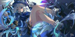 Rule 34 | 1girl, :3, ahoge, asymmetrical gloves, black footwear, black gloves, black shorts, blue dress, blue eyes, blue hair, blue hat, bubble, buzhidaojiaoshenmekoua, closed mouth, crossed legs, dress, drop-shaped pupils, full body, furina (genshin impact), genshin impact, gloves, hair between eyes, hat, heterochromia, high heels, highres, holding, holding sword, holding weapon, long sleeves, looking at viewer, mismatched gloves, multicolored hair, shorts, signature, sitting, solo, streaked hair, sword, symbol-shaped pupils, top hat, two-tone hair, weapon, white gloves, white hair