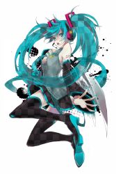 Rule 34 | 1055, 1girl, aqua eyes, aqua hair, boots, detached sleeves, hand on own chest, hatsune miku, headset, high heels, highres, long hair, nail polish, necktie, open mouth, skirt, solo, thigh boots, thighhighs, twintails, very long hair, vocaloid