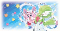 Rule 34 | blue eyes, bob cut, bow, closed eyes, colored skin, cosplay, creatures (company), crossover, dress, game freak, gardevoir, gen 3 pokemon, gen 6 pokemon, green hair, hair over one eye, highres, kirby, kirby (series), multicolored skin, nintendo, open mouth, pink skin, pokemon, smile, star (symbol), sylveon, sylveon (cosplay), two-tone skin, white dress, white skin, zeni maru