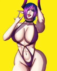 Rule 34 | 1girl, abs, bikini, breasts, choker, hair over one eye, horns, kaokacique, large breasts, pointy ears, purple bikini, purple hair, swimsuit, tongue, tongue out, virtual youtuber