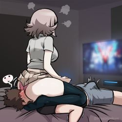 Rule 34 | 1boy, 1girl, annoyed, ass, bed, beige skirt, blush, breasts, clothes lift, danganronpa (series), devil may cry (series), devil may cry 5, erection, femdom, grey shorts, happy, hetero, highres, hinata hajime, huge ass, large breasts, lying, mosbles, nanami chiaki, on back, on bed, panties, penis, pink panties, playing games, school uniform, shorts, sitting, sitting on face, sitting on person, skirt, skirt lift, television, thick thighs, thighhighs, thighs, underwear, video game