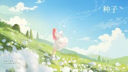 Rule 34 | 1girl, anniversary, bare legs, blurry, blurry foreground, chinese commentary, chinese text, clear sky, cloud, dandelion, dated, day, dress, field, flower, flower field, grass, highres, hill, holding, holding flower, long hair, looking up, nikki (miracle nikki), official art, outdoors, pink hair, ribbon, shining nikki, sky, solo, translation request, tree, white dress, white footwear, wind