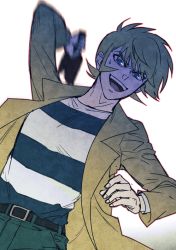 Rule 34 | 1boy, asuka ryou, belt, blonde hair, blue eyes, broken bottle, coat, devilman, male focus, open clothes, open coat, open mouth, shirt, shirt tucked in, sideburns, simple background, smile, solo, striped clothes, striped shirt, trench coat, utou, white background