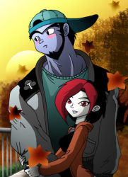 Rule 34 | 1boy, 1girl, argent, argent (dc), autumn leaves, blush, blush stickers, cartoon network, couple, dc comics, hat, hetero, lowres, outdoors, park, size difference, sunset, teen titans, thunder (dc), tree, walking