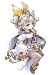 Rule 34 | 1girl, animal ears, azur lane, brown pantyhose, commentary request, eating, food, food in mouth, full body, green eyes, grey hair, hair ribbon, highres, kitakaze (azur lane), long sleeves, mota, notice lines, pantyhose, pleated skirt, ponytail, ribbon, rudder footwear, short hair, sitting, skirt, solo, sweets, white background, white skirt, wide sleeves, yellow ribbon