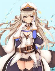 Rule 34 | 1girl, belt, black skirt, black thighhighs, blue background, breasts, brown eyes, cleavage, closed mouth, cowboy shot, epaulettes, flower, flower knight girl, gloves, hair flower, hair ornament, hat, highres, jacket, jacket on shoulders, long hair, looking at viewer, medium breasts, signature, skirt, smile, solo, suzume (simple0091), thighhighs, tritonia (flower knight girl), water, white gloves, white hair, white hat, zettai ryouiki